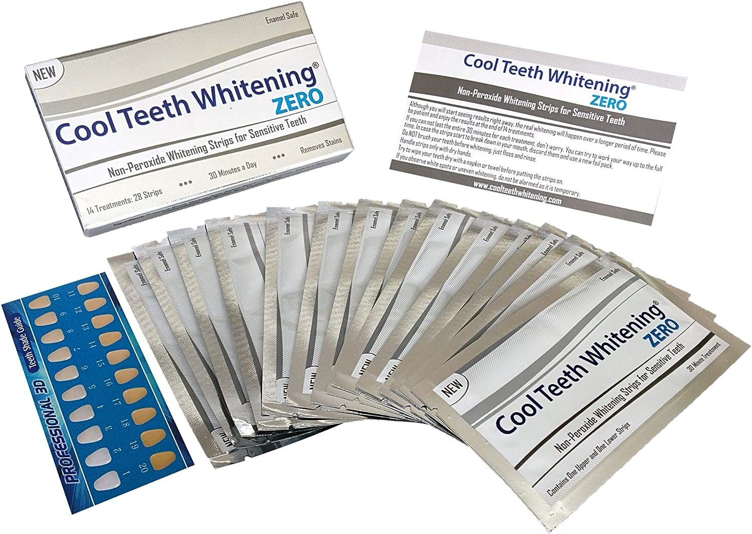 Cool Teeth Whitening Zero Peroxide Strips for Sensitive Teeth and Gums Whitener Band Kit 28 Pcs 14 Treatments 2 Week Supply Color Chart Gentle No Hp Bleach Free Instant White Tooth Non Slip Formula