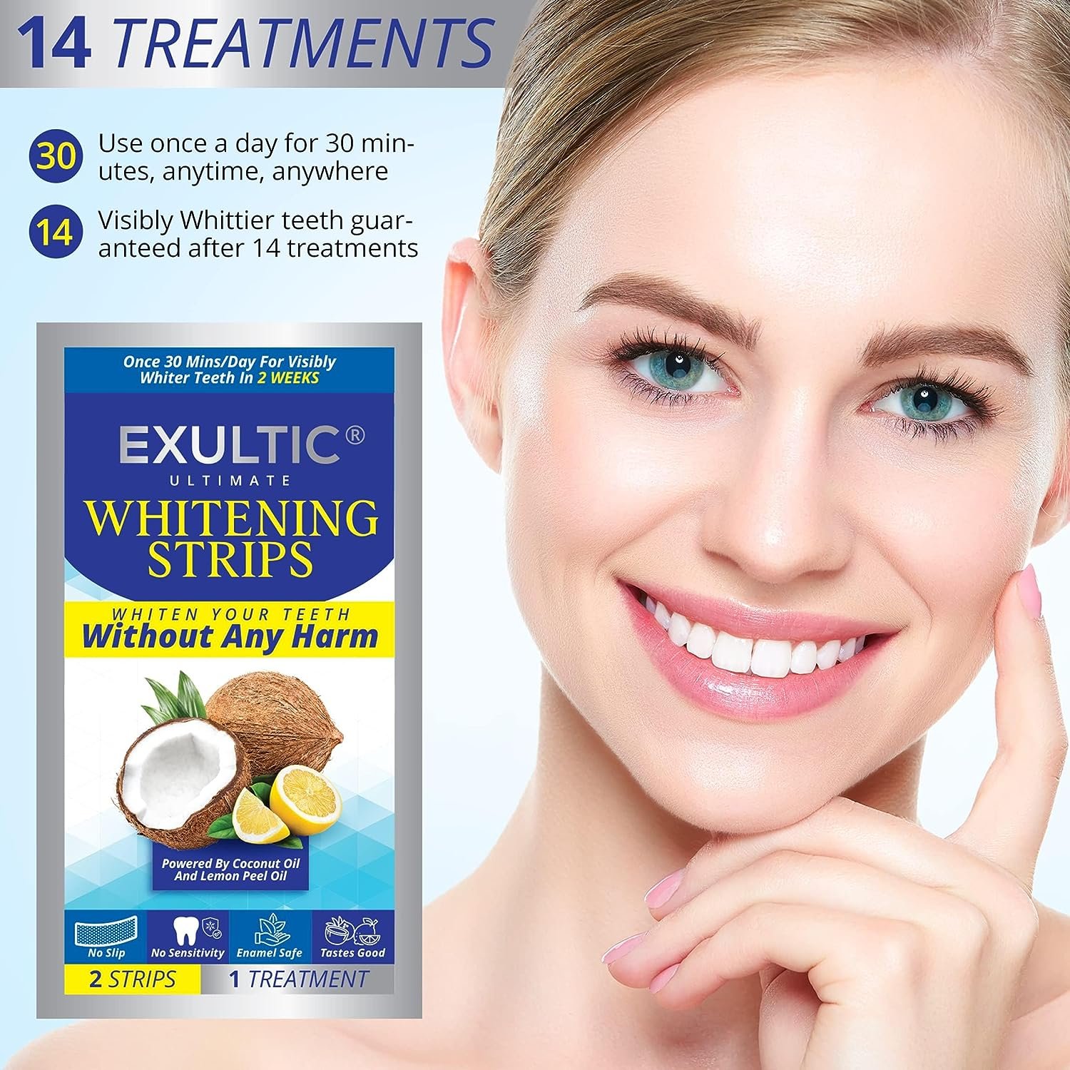 Teeth Whitening Strips for Sensitive Teeth - Coconut and Lemon Peel Oil Infused - Whiter, Brighter Smiles - Gentle and Safe Whitening Kit -28 Whitening Strips -14 Treatments