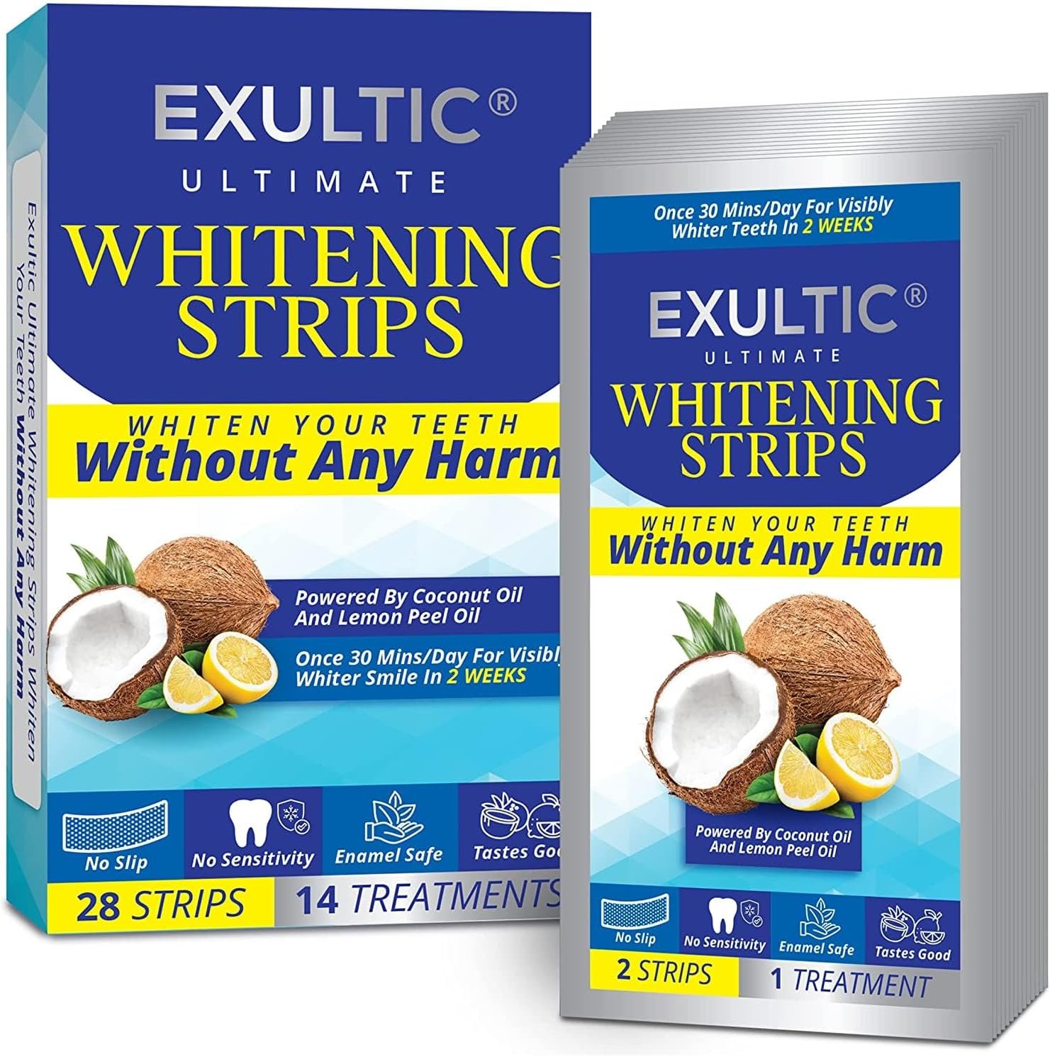 Teeth Whitening Strips for Sensitive Teeth - Coconut and Lemon Peel Oil Infused - Whiter, Brighter Smiles - Gentle and Safe Whitening Kit -28 Whitening Strips -14 Treatments